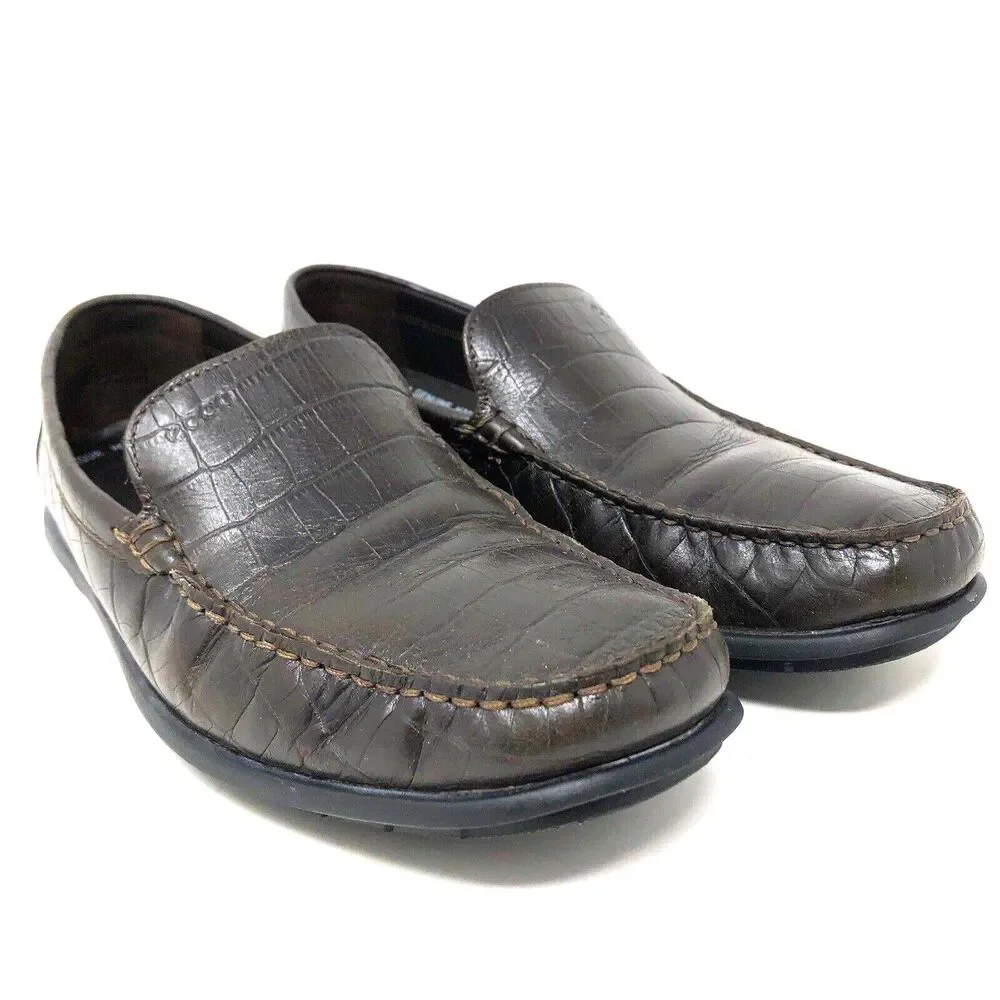 Ecco Leather Croc Embossed Driving Loafers Mens Sz 7.5 Euro 41 Preppy Ivy League